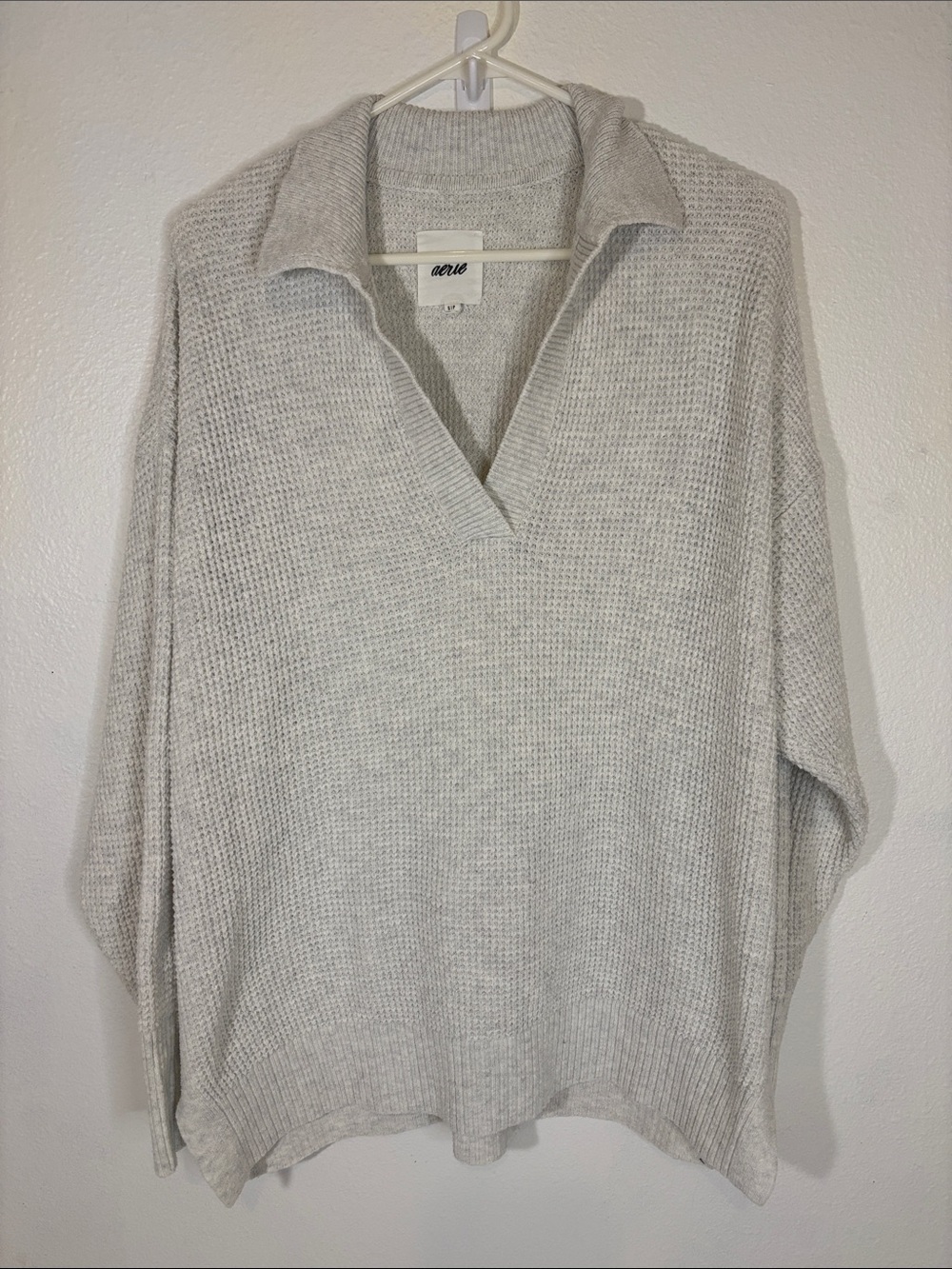 aerie Light Gray Collared Soft V-Neck Sweater -474sku